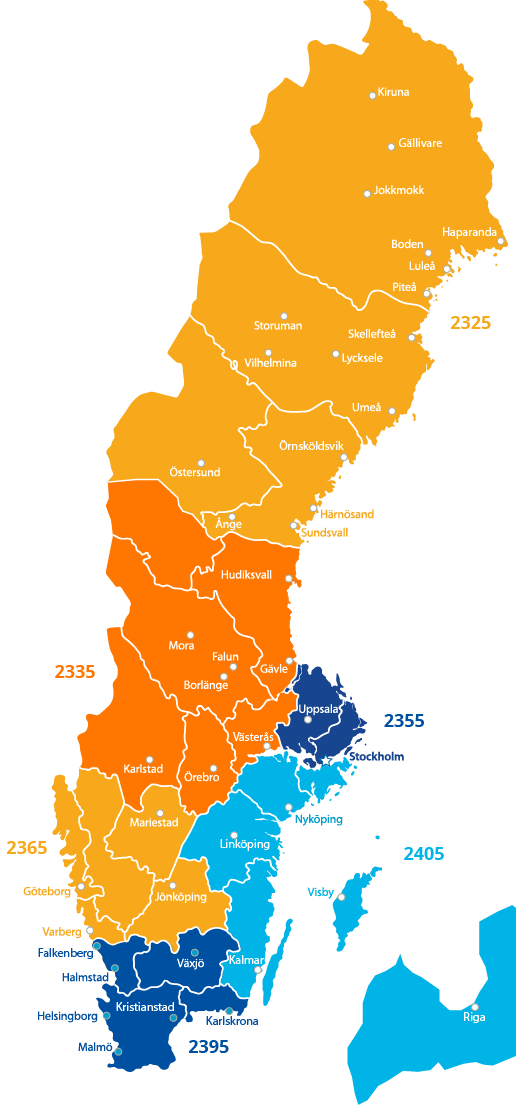 Karta över Rotary Sverige med distriktsgränser